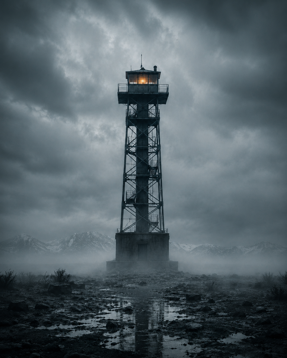 Feuerwachturm im Nebel mit warm beleuchteter Kanzel